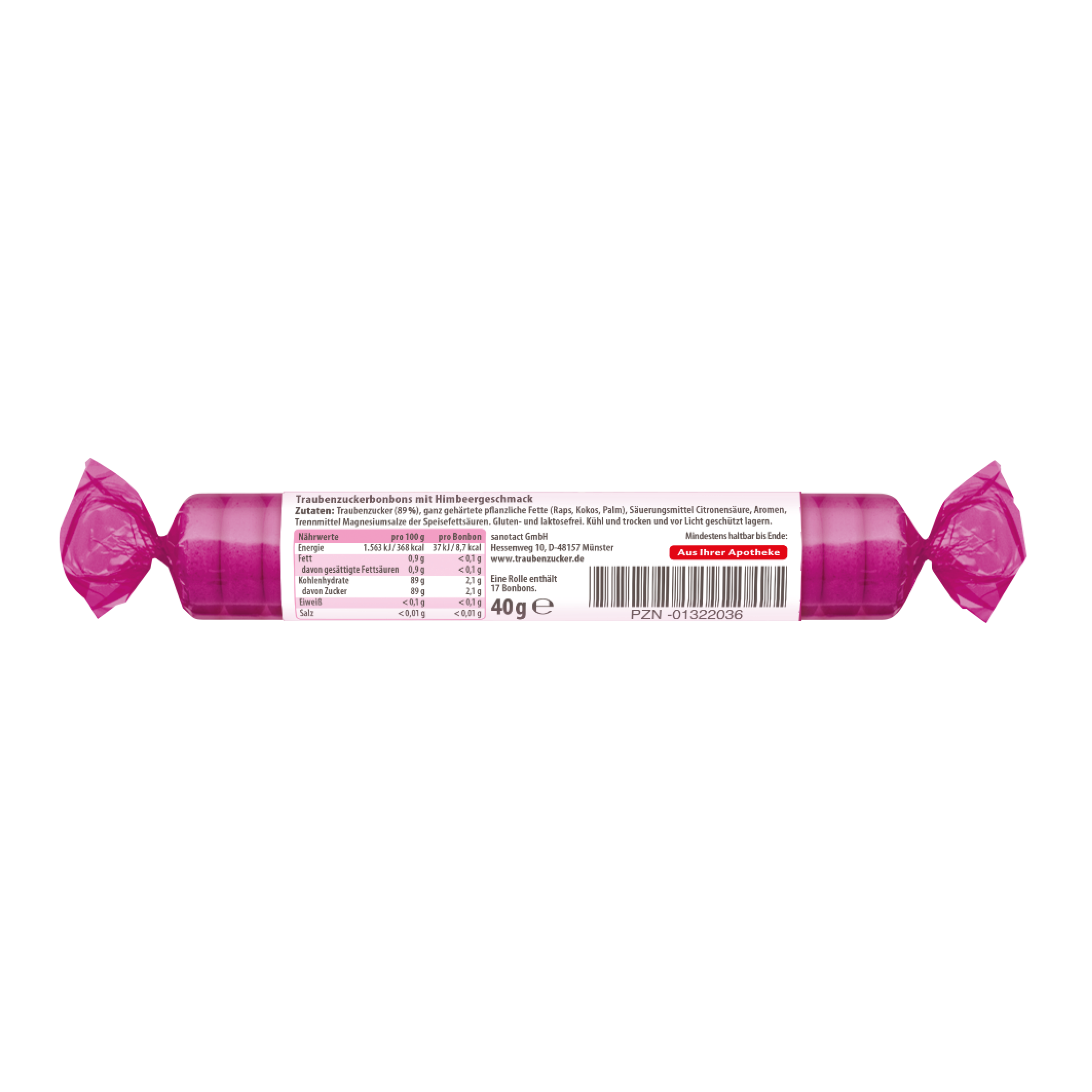 Intact Traubenzucker Rolle Himbeere 17 Stück 40g
